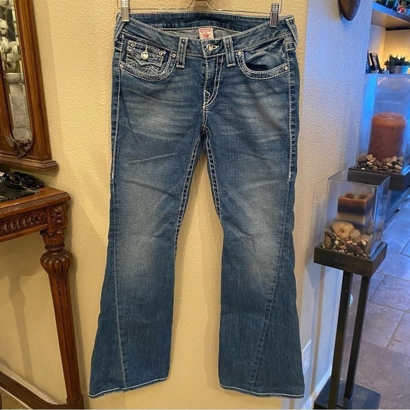 TRUE RELIGION Women Blue Embellished Disco Joey Big 7 Jeans Size 30 - Picture 5 of 10